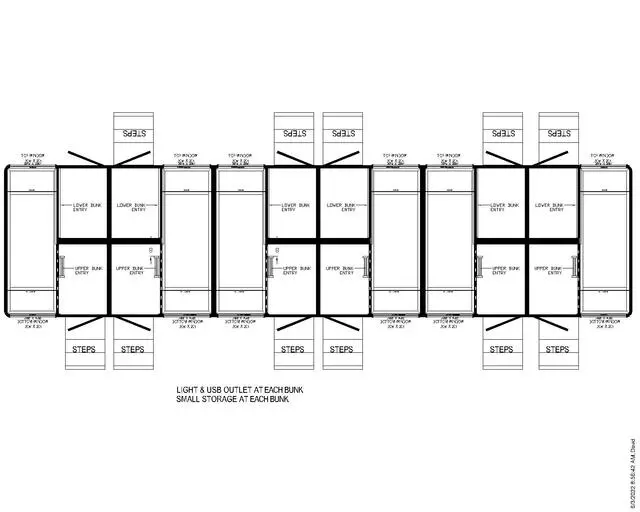 Floorplan of the 12 bunk sleeper trailer showing upper and lower bunk entries and steps