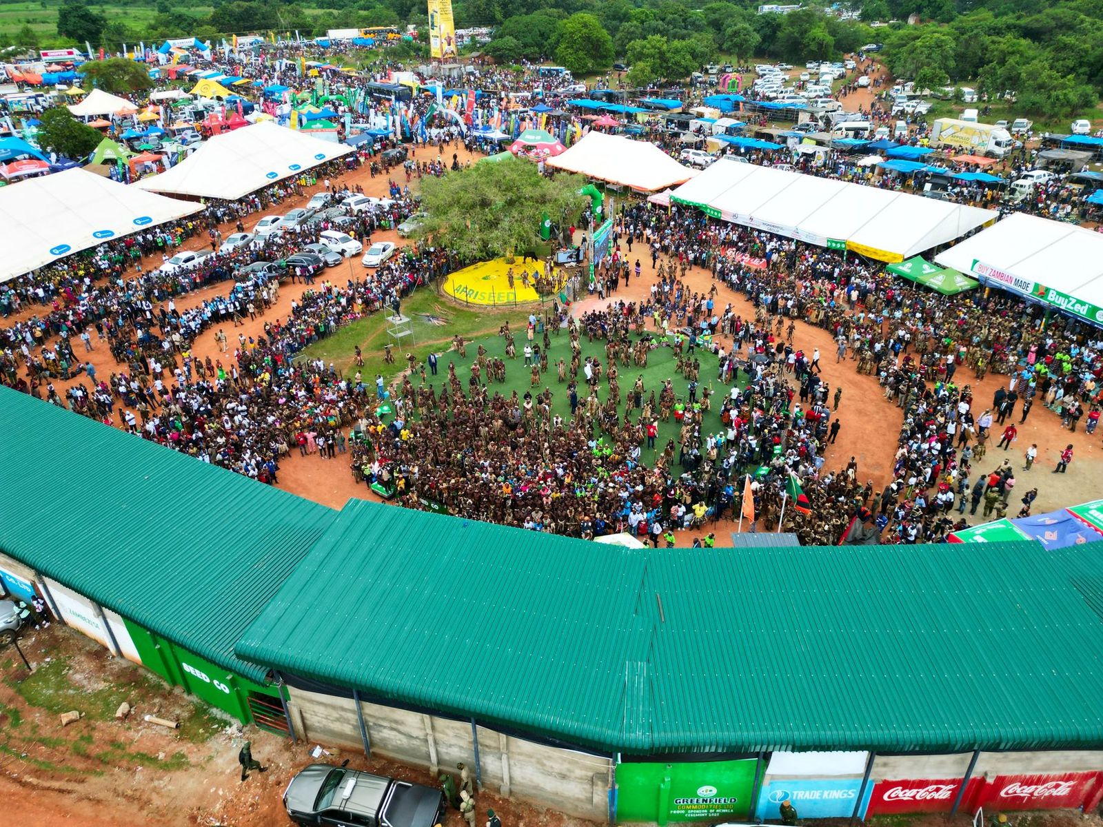 Aerial view of festival grounds and crowds