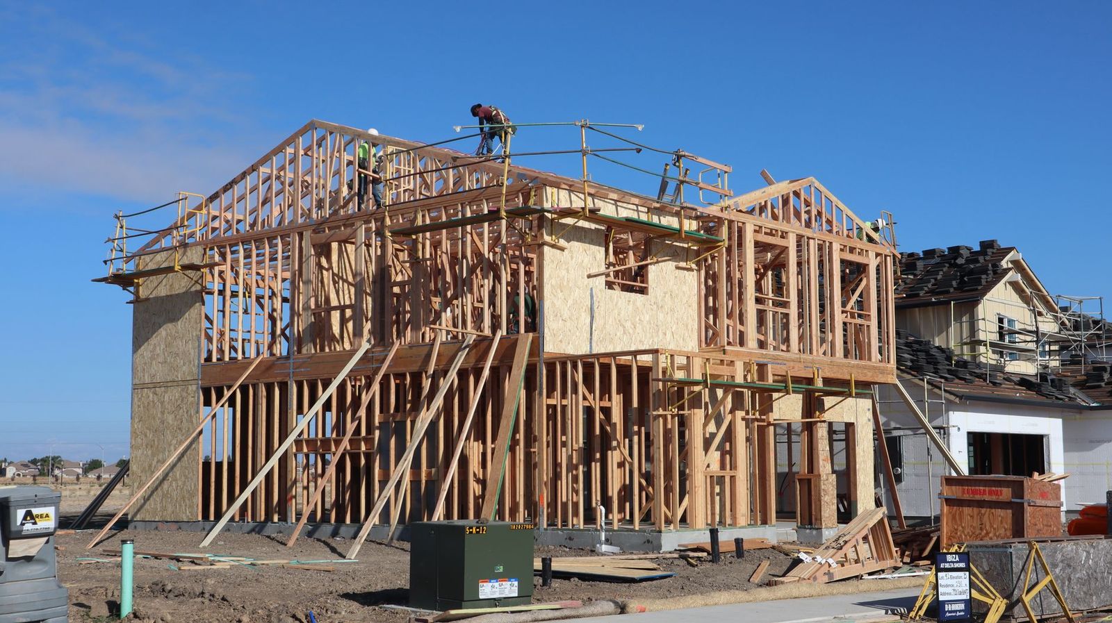 Aerial view of residential home framing construction