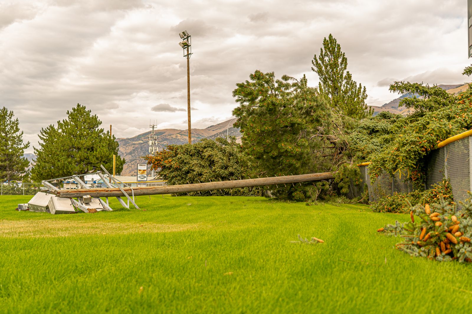 Storm damage with a fallen utility pole and power lines