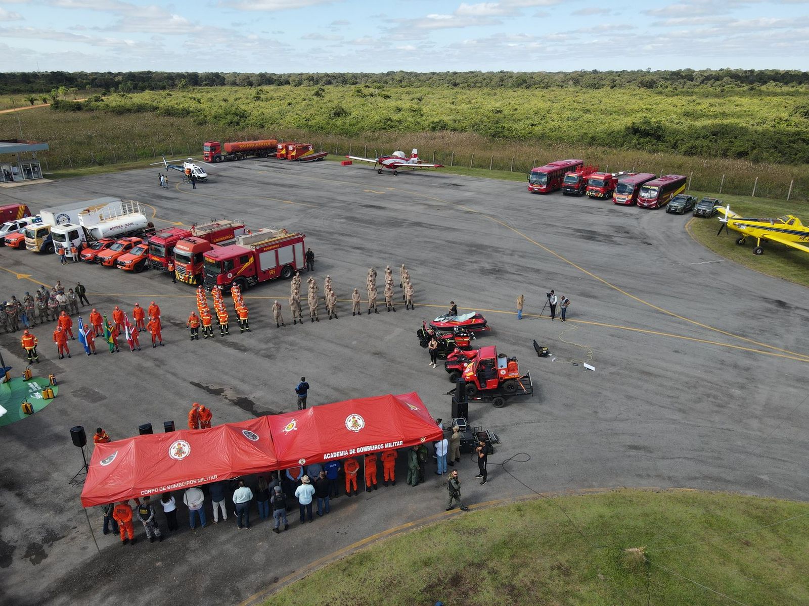 Fire engines staged at a wildfire incident command post
